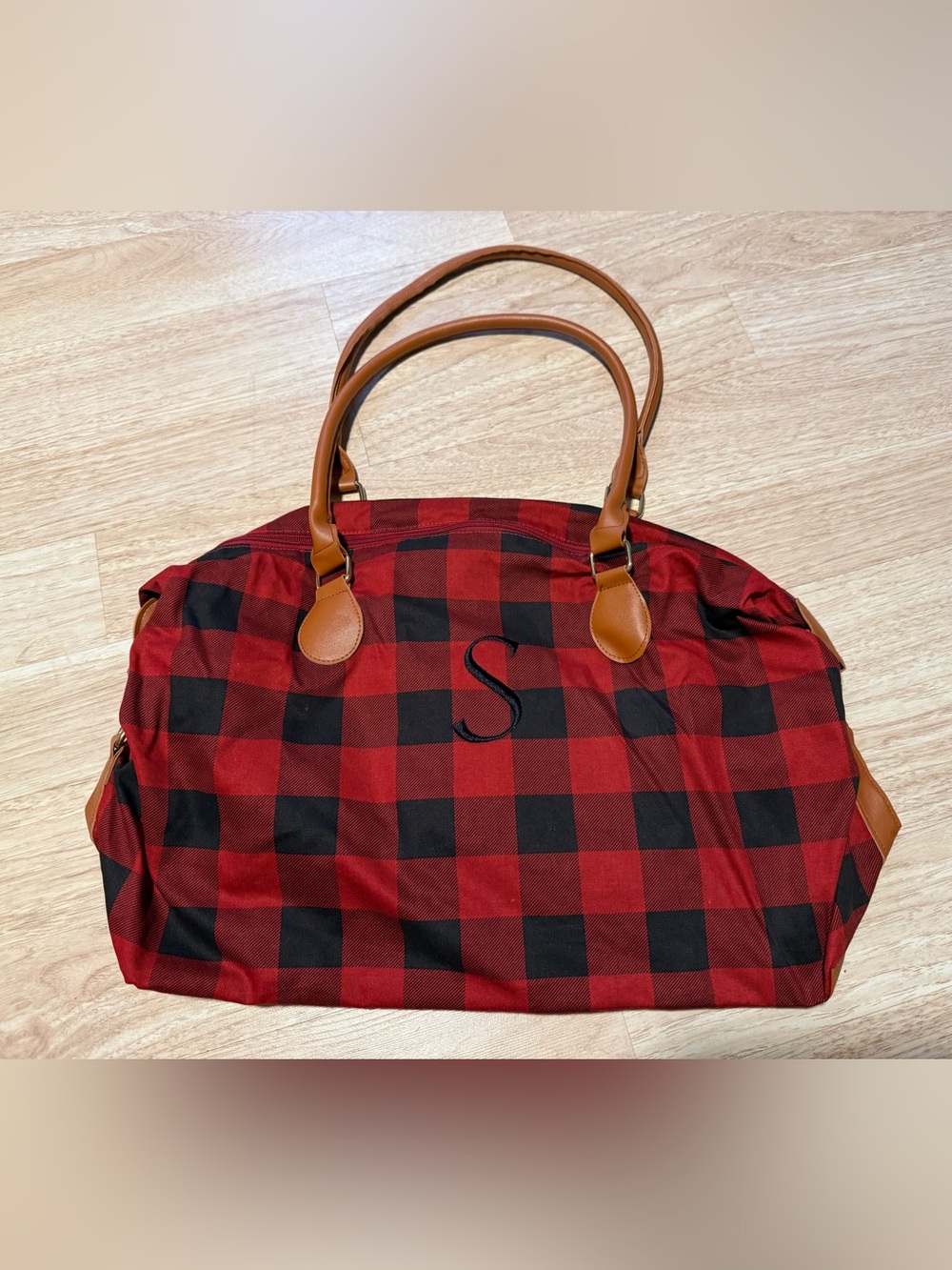 Monogrammed S Red & Black Buffalo Plaid Tote with Tan Handles